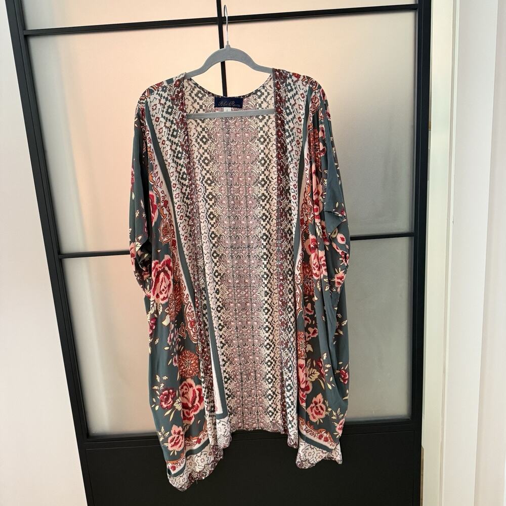 Blue Rain Boho Kimono Dress Robe L Floral Rayon Duster Cover Up Festival